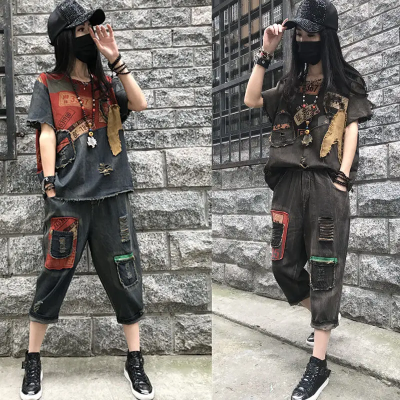 

Summer 2020 new oversized old hole short sleeve T-shirt loose and versatile patchwork Capris casual suit for women