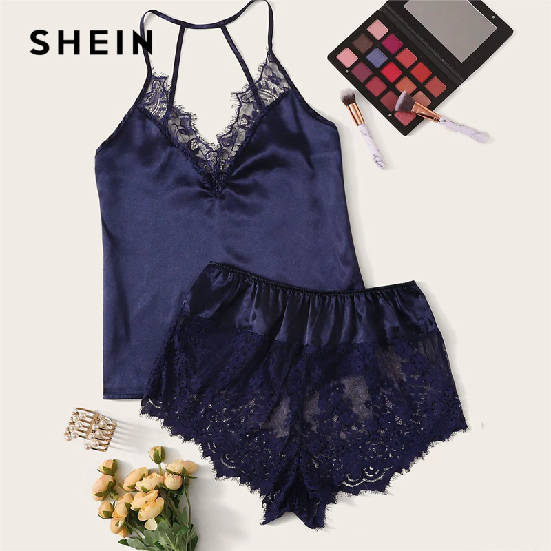 SHEIN Атласный Топ На Бретелях С Кружевом И Шорты Пижама Комплект Женский Розовый