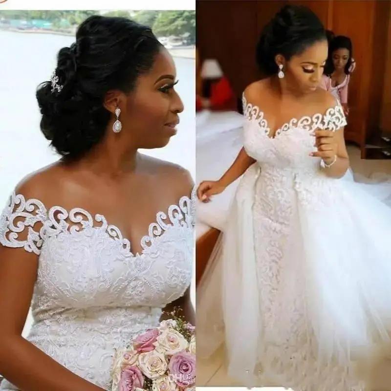 

Nigerian Mermaid Wedding Dresses Detachable Train Full Lace Applique Sheer Off The Shoulder Short Sleeve Bridal Gowns Plus Size