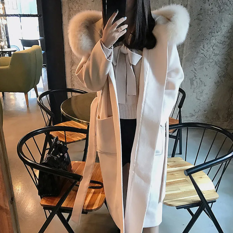 [EWQ] осеннее Новое студенческое свободное толстое теплое шерстяное пальто с капюшоном и длинными рукавами в Корейском стиле свободное женское черное шерстяное пальто QL307