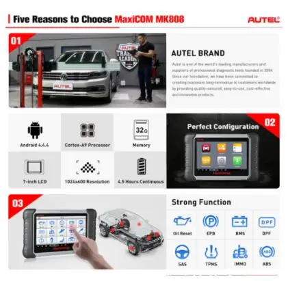 Autel MaxiCOM MK808 OBD2 сканер профессиональное Авто диагностическое средство сканирования, БД 2 считыватель кодов ODB2 ключ кодирования MX808 MD802 DS808