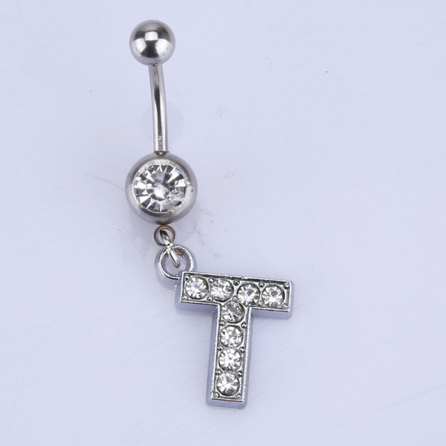 26 letter style Charming Body Piercing Crystal Rhinestone Inlaid Navel Belly Button Ring stainless steel jewelry