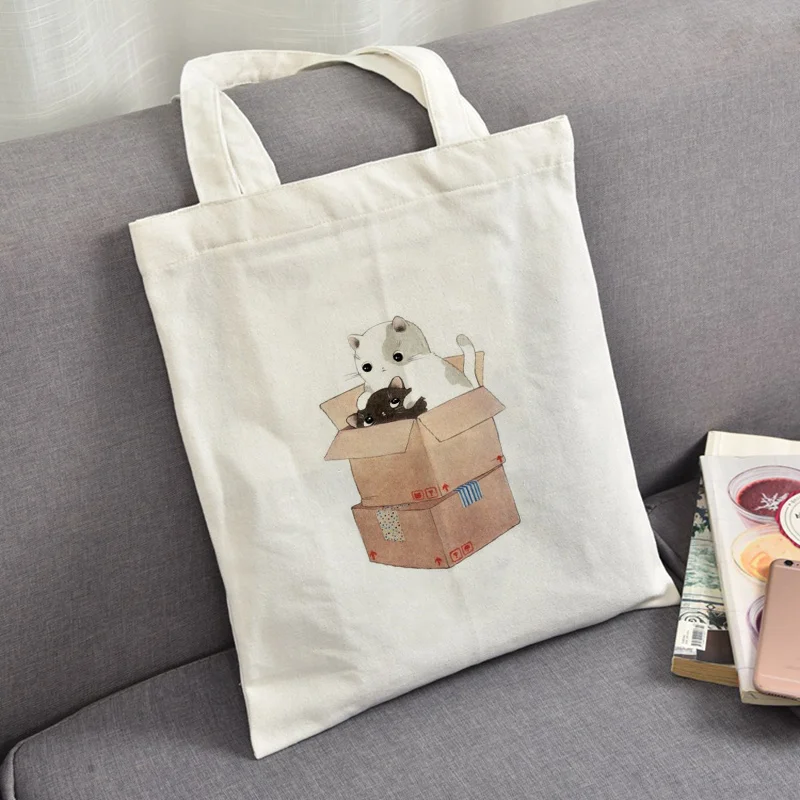 

cat Canvas Handbag Tote Bag Custom Print Logo Text DIY Daily Use Eco Ecologicas Reusable Shopping Bag Recycle