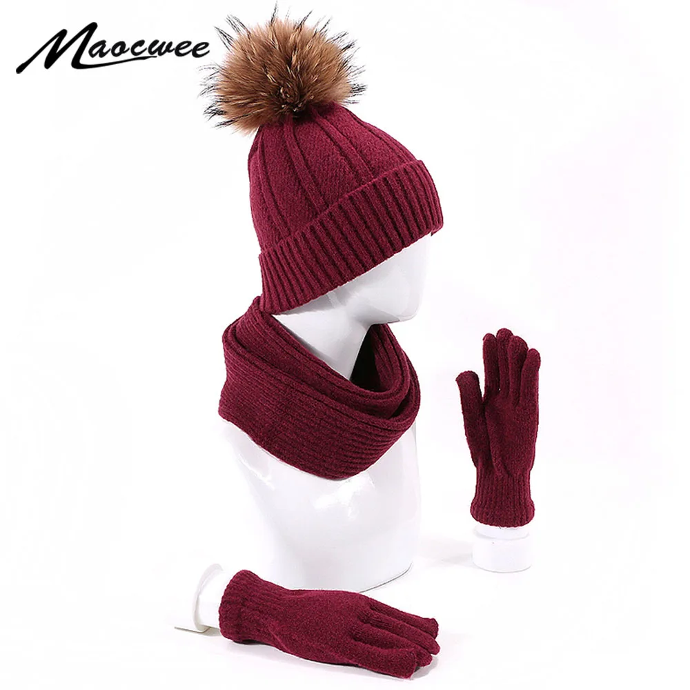 Модный вязаный шарф шапка и наборы с перчатками сплошной цвет настоящий помпон мех шапки зимние хлопковые толстые теплые уличные удобные Лыжные шапки