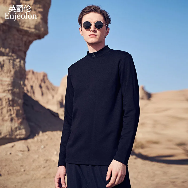

Enjeolon 2019 New Men T shirt Long Sleeved Turtleneck Casual Cotton Solid Black Warm Tshirts Male Top Tee Shirt RST7422-1