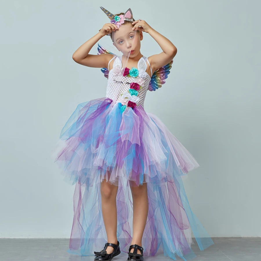 Kids Pastel Rainbow Unicorn Princess Tutu Dress Girls Halloween Pageant Costume Kids Tulle Train Unicorn Birthday Ball Gown Dress  (1)