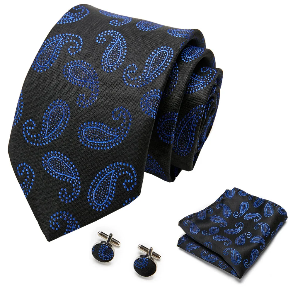 

Luxury Men 7.5cm Tie Skinny Black Blue Print 100% Silk Jacquard Woven Tie Hanky Cufflink Set For Men Formal Wedding Party