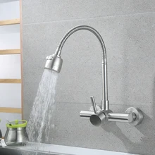 304 Stainless Steel Brushed Wall Mounted Kitchen Faucet Hot Cold Kitchen Mixers Kitchen Sink Tap 360 Degree Swivel Flexible Hose