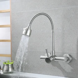 304 Stainless Steel Brushed Wall Mounted Kitchen Faucet Hot Cold Kitchen Mixers Kitchen Sink Tap 360 Degree Swivel Flexible Hose