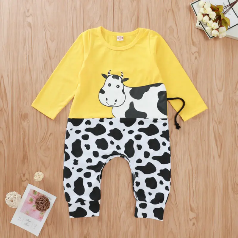 

New Fall Newborn Baby Girl Boy Cute Autumn Clothes Long Sleeve Romper Jumpsuit Cow Outfits Patchwork Suit