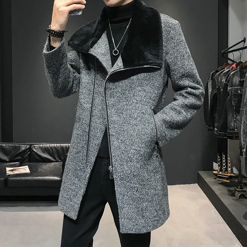 Зимнее шерстяное пальто серая куртка кашемировое толстое теплое шерстяное пальто с меховым отворотом большой меховой воротник Мужское пальто Мужская ветровка - Цвет: gray