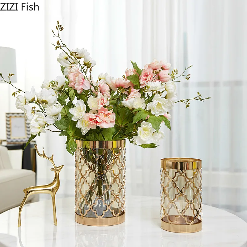 Скандинавские креативные металлические прозрачные стеклянные вазы с золотым принтом современные домашние цветочные композиции аксессуары дорогие украшения