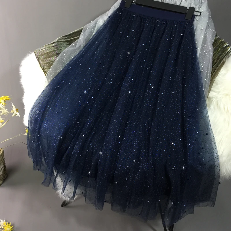 

New waist glitter nail bead bust white gauze skirt fashion a word skirt of bitter bitter fleabane skirt long