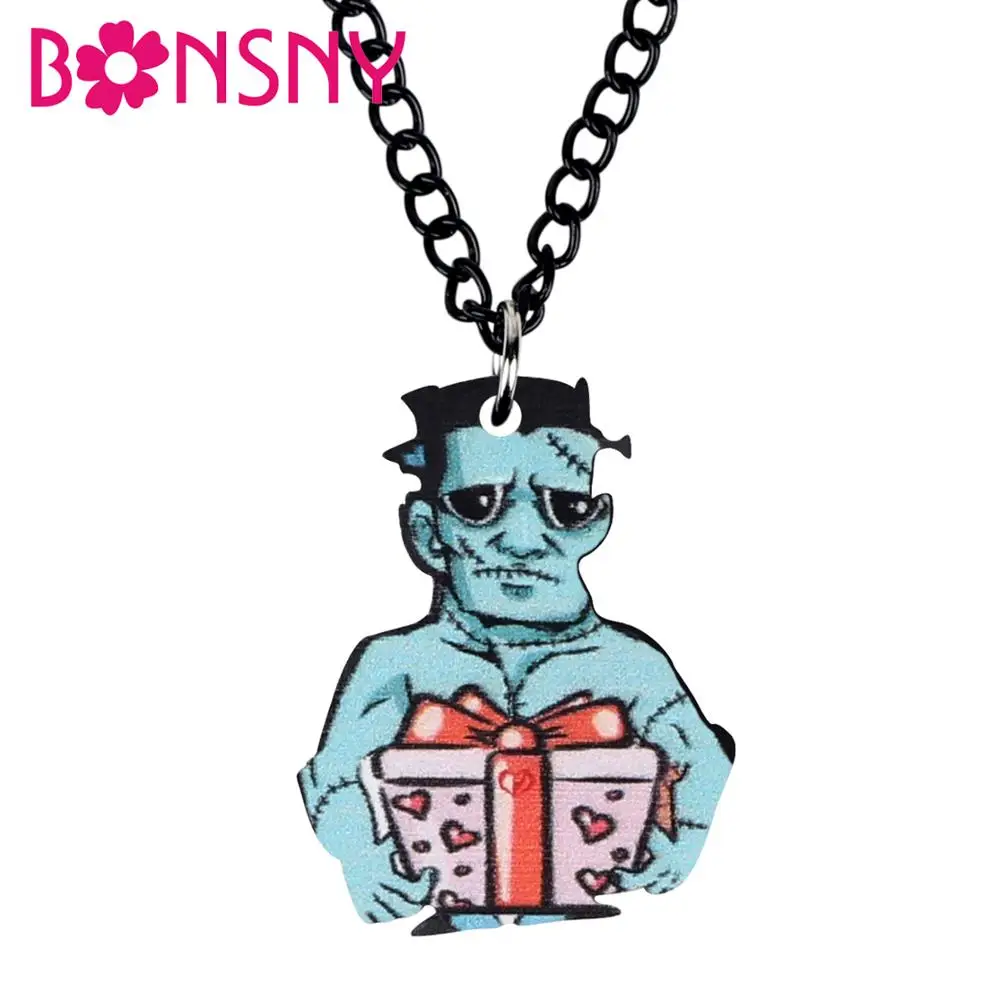 Bonsny Acrylic Halloween Cartoon Blue Zombie Present Box Necklace Chain Collar Pendant Jewelry For Women Girls Teens Charms Gift | Украшения
