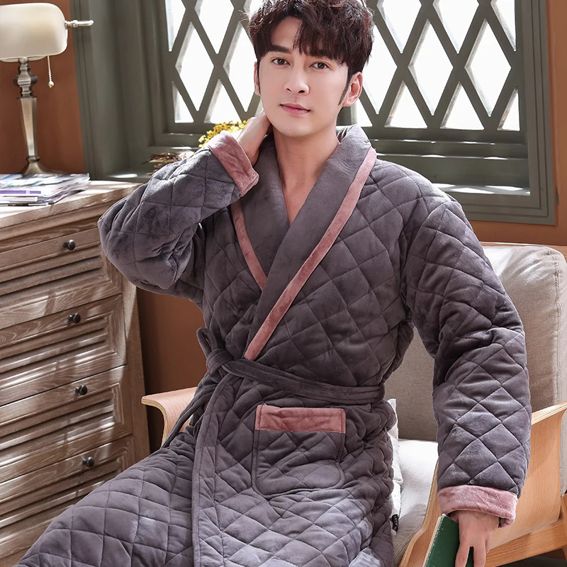 Men Casual Kimono Bathrobe Winter Flannel Quilted Long Robe Thick Warm Sleepwear Plus Size 3XL Nightgown Male Casual Home Wear