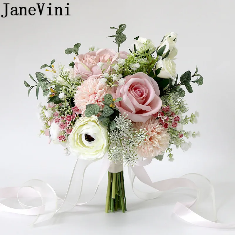 JaneVini 2020 Pink Flower Bridal Bouquets Romantic Bride Hand Holding Fake Artificial Flowers White Rose Wedding Bouquet Charm