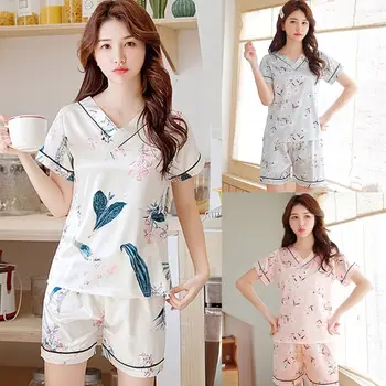 

Women Summer Imitation Silk Pajamas Set V-Neck Pullover Tops Shorts Sleepwear Sweet Floral Cherry Print Loose Loungewear