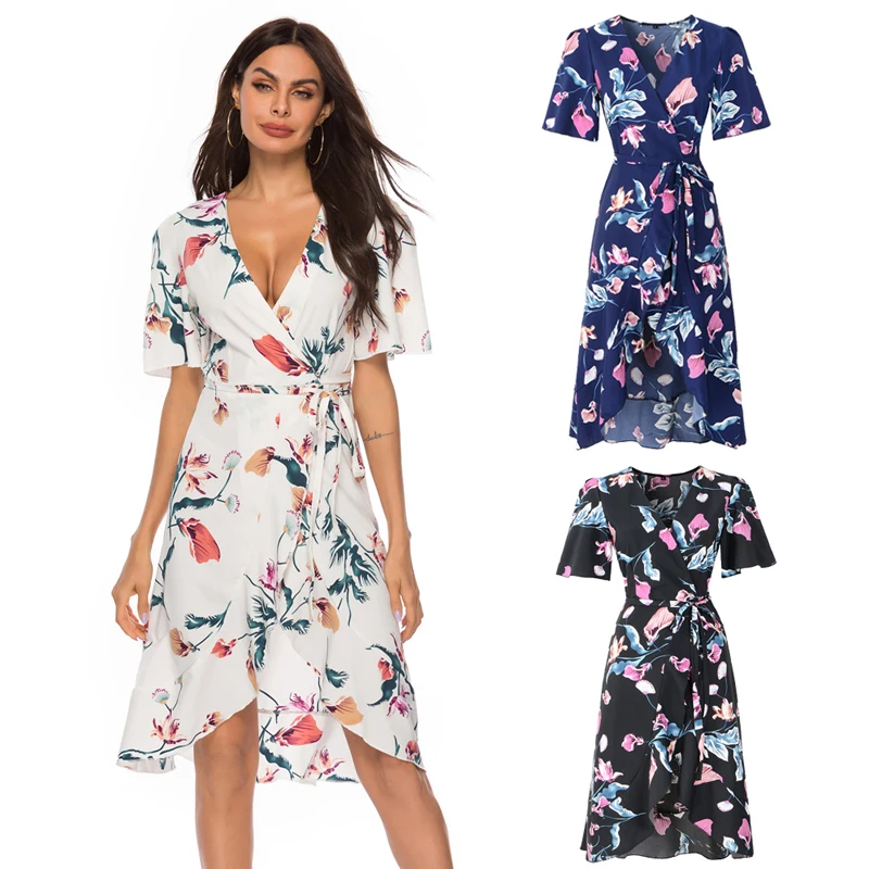 

Chicanary Bohemian Women Summer Floral Wrap Dress Sexy Deep V Beach Flower Dress New Holiday Long Chiffon Print Ruffle Sundress