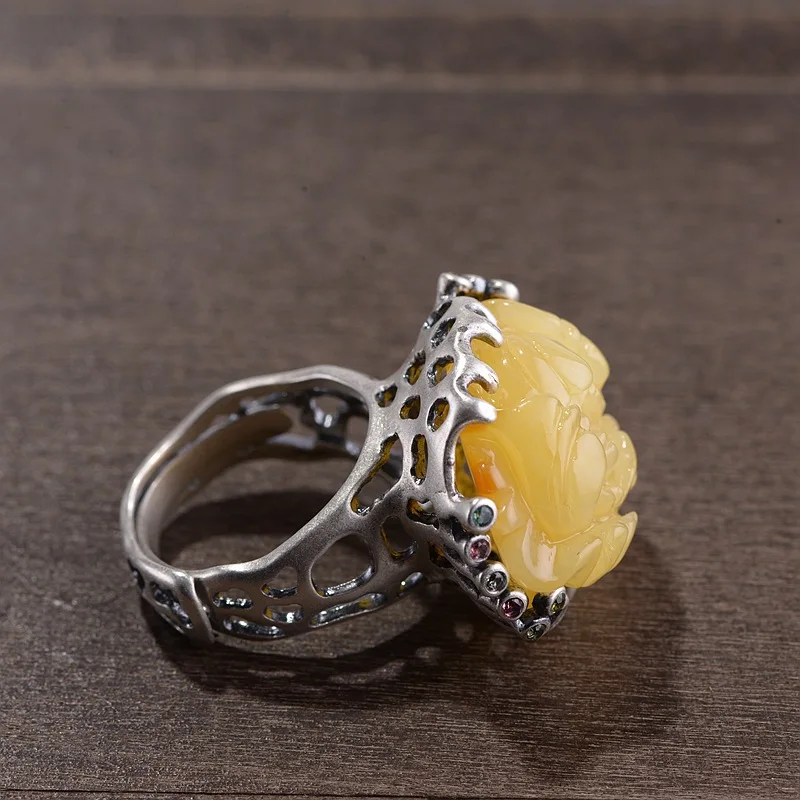 FNJ кольца с янтарным цветком, 925 серебро, регулируемый размер, открытый, популярное, S925 твердое серебряное кольцо для женщин, ювелирное изделие, прекрасный желтый камень