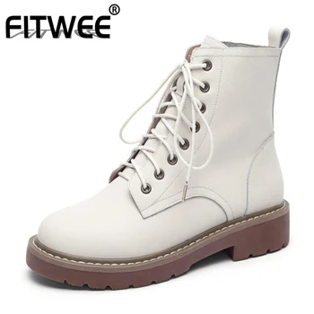 

FITWEE 2021 Women Real Leather Ankle Boots Women Flat Shoes Fashion Winter Warm Shoes Woman Casual Cool footwear Size 34-41