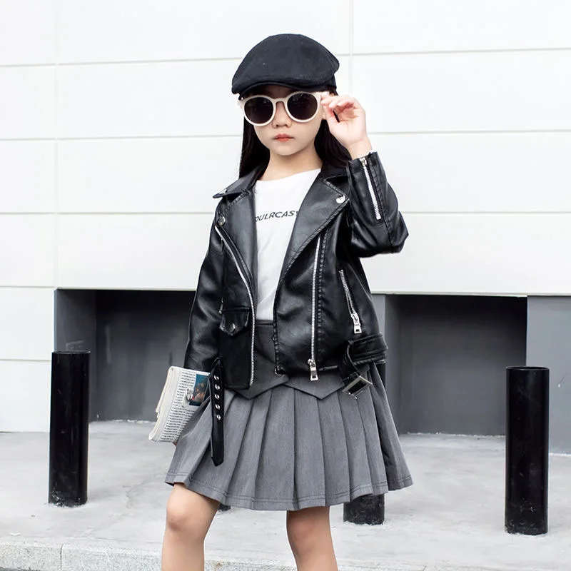 black mink coat Girls Black Pink Red Pu Zipper Jackets Kids Girl Leather Jacket Spring Autumn Cool Coat Children Clothes Overcoats Windbreaker navy wool coat Outerwear & Coats