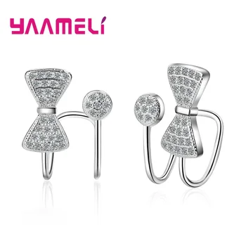 

High Quality 925 Sterling Silver Earrings Shining Clear Cubic Zirconia Inlay Paved Bowknot Cuff Clip Pendientes Jewelry Hot Sale
