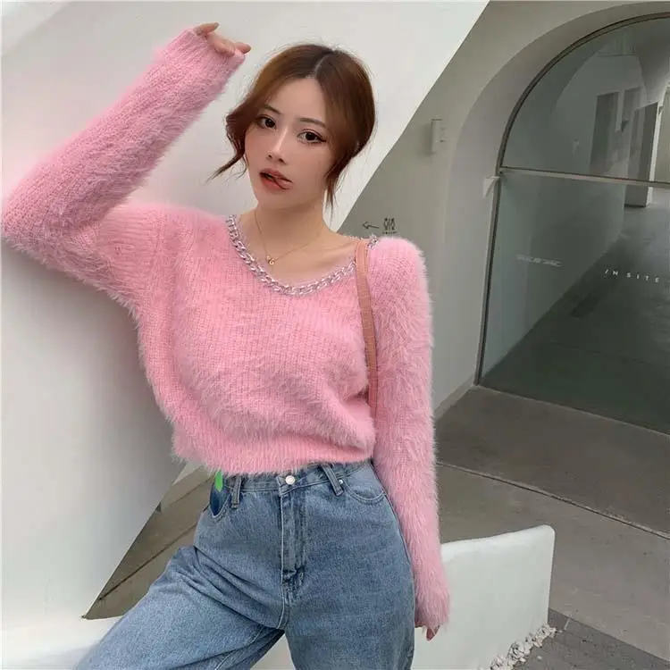 2022 Short Sweater Top Winter Korean Soft Waxy Texture Metal Chain V-neck Knitted Pullover Long-sleeved Office Ladies Clothing cable knit sweater