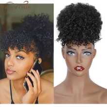 Vigorous Afro Puff cordón Cola de Caballo moño con flequillo Kinkys cortos rizado sintético Pony Tail Clip en extensiones de cabello para mujer