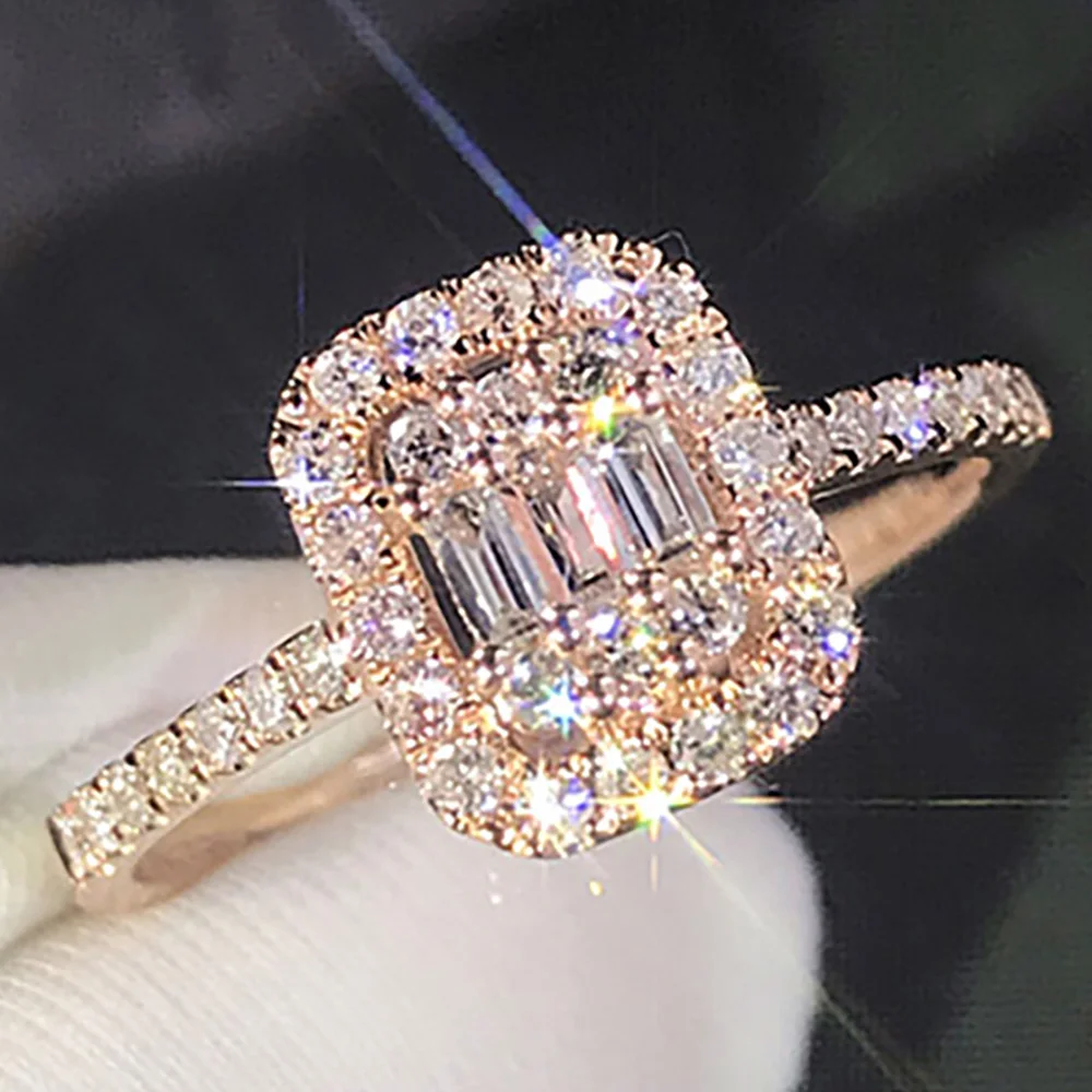 

14K Au585 Rose Gold Women Wedding Party Engagement Ring Rectangle Emerald Victorian Moissanite Diamond Ring Trendy Cute Romantic