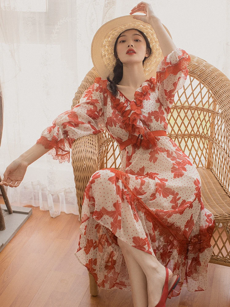 2019 Новое модное женское французское винтажное шифоновое платье с принтом тонкое
