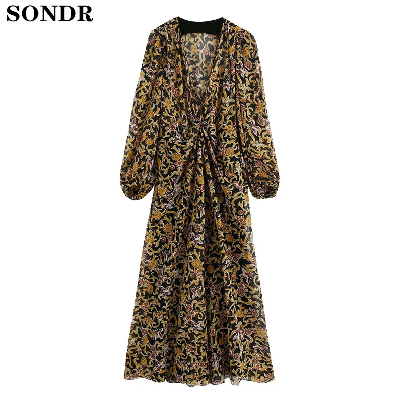 

Vintage V-Neck Print Women Chiffon Dress Print Women Chiffon Dress Elegant Long Sleeve A-Line Vestidos Femme Dresses Mujer 2020