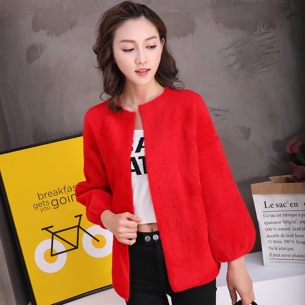 

Women Thick Loose Sweater Shrug 3/4 Sleeve Crew Neck Coat Knitted Cardigan Spring Autumn Office Lady Imitation Mink Cashmere
