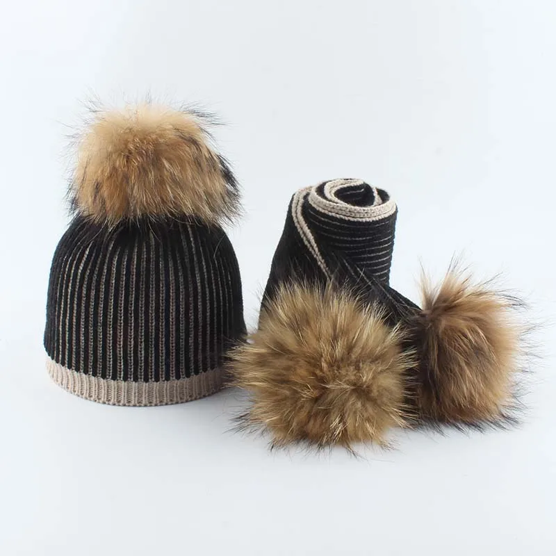 Baby Winter Hat For Girls Boys Real Fur Pompom Kids Hat and Scarf Set Striped Knitted Beanies Skullies
