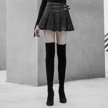 

PUNK RAVE Women's High Waist Metal Buckle Decorative Pleated PU Half Skirt Slimming Wild Personality Mini Skirt