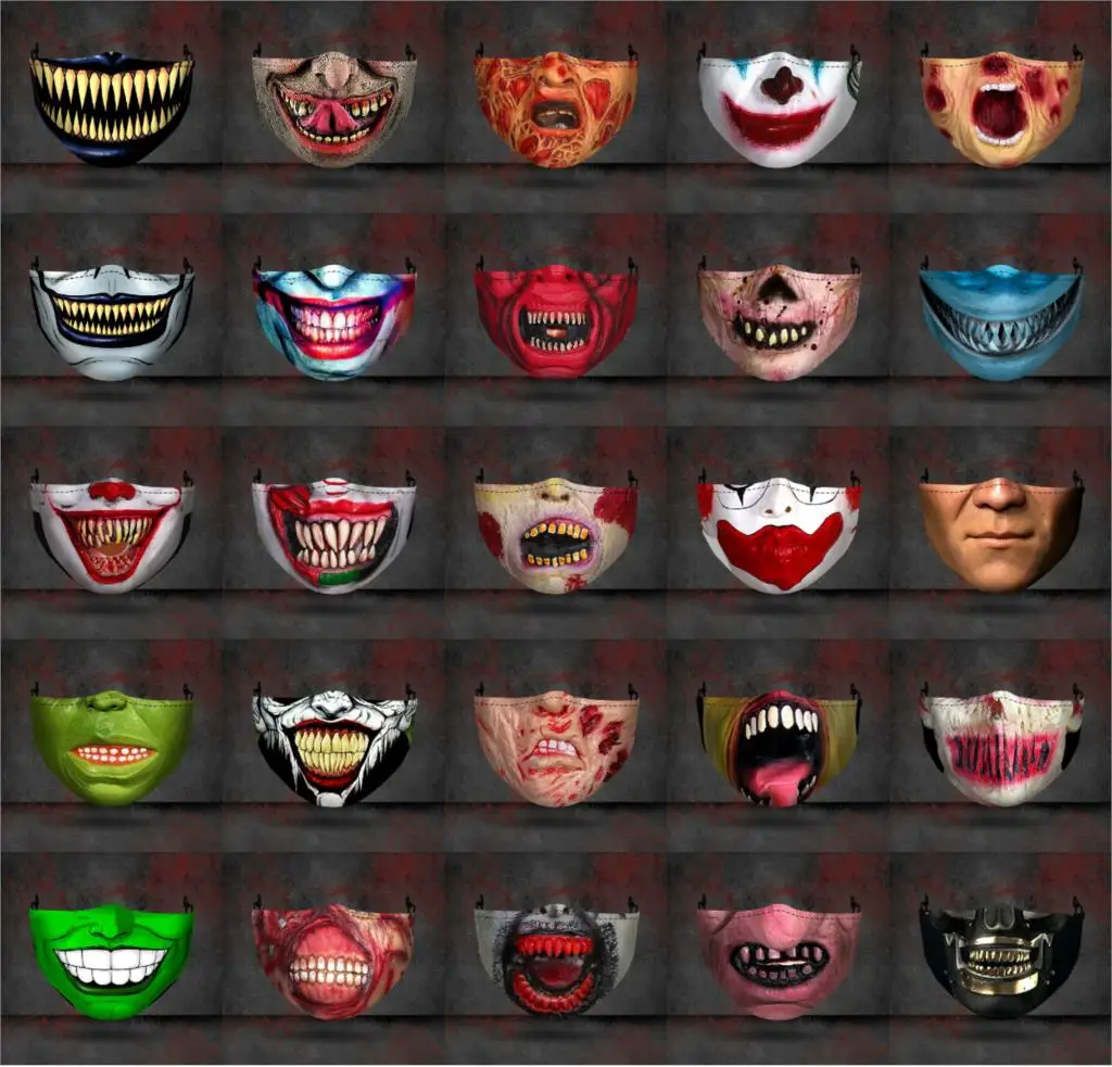 1 Mask +2 PM2.5 Filter Adult Big Mouth 3D Face Masks Halloween Skull Mask Reusable Washable Clown Mask
