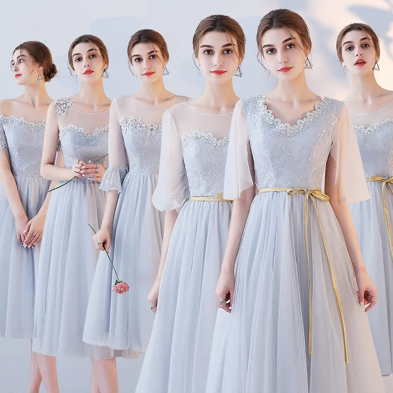 Bridesmaid Dress 2021 New Spring Summer Stitching Lace Back Lace Up Mid-length Dress Female Prom Party Gown Formal Dress Y824