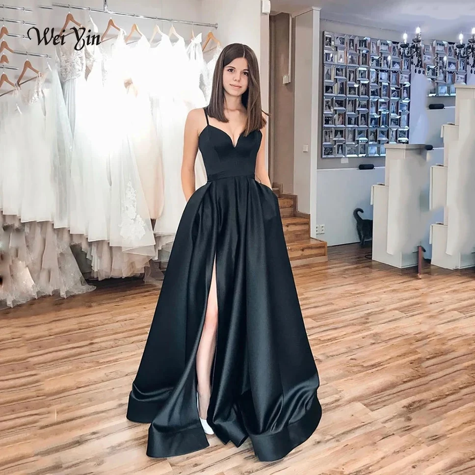 High Slit Satin Simple Prom Party Gowns ...