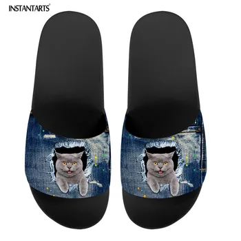 

INSTANTARTS 3D Denim Animal Print Women Slippers Cute Cat Printed Soft Indoor Home Slides for Girls Bathroom Non-slip Flip Flops