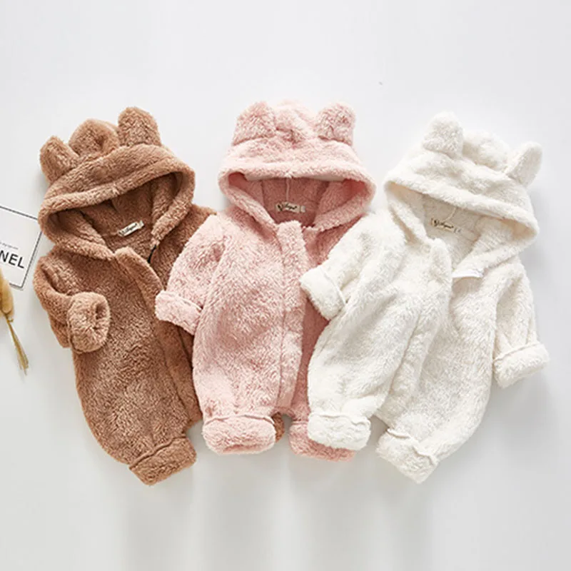 

Winter New Baby Fluffy Long Jumpsuit For Boys And Girls Coral Bear Suit Newborn Overalls One-piece Baby Outfits 0-24M