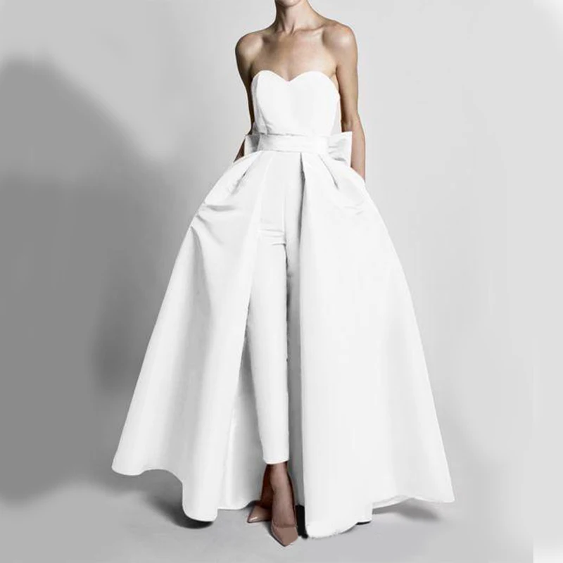 2021 Krikor Jabotian Modest Red Jumpsuits Wdding Dresses With Detachable Skirt Strapless Bride Gown Bridal Party Pants for Women | Свадьбы и