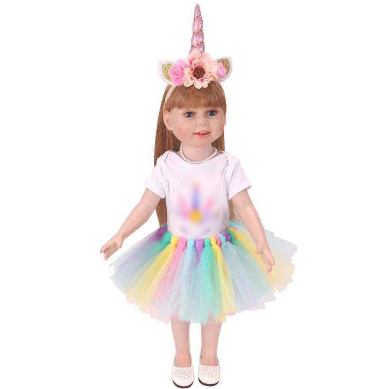 18 дюймов девушки кукла костюм «Единорог» Ручной Работы Радуга кружевная юбка с обувью Американский Новорожденный платье детские игрушки подходит 43 см кукла c746