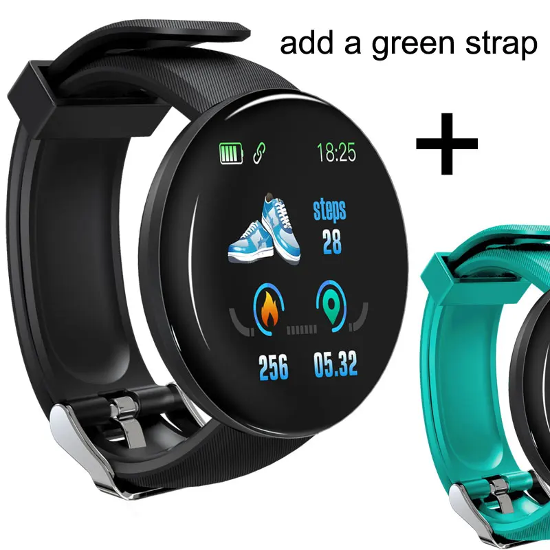 Смарт-часы с Bluetooth, мужские, кровяное давление, круглые, умные часы, женские часы, водонепроницаемые, спортивный трекер, WhatsApp для Android Ios - Цвет: D18 add green strap