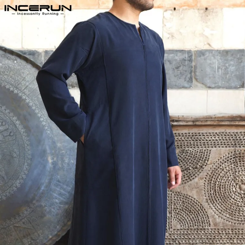 Jubba tobe мужские однотонные мусульманский, Арабский исламский кафтан с длинным рукавом V шеи халаты Дубай Ближний Восток абайя мужская одежда INCERUN