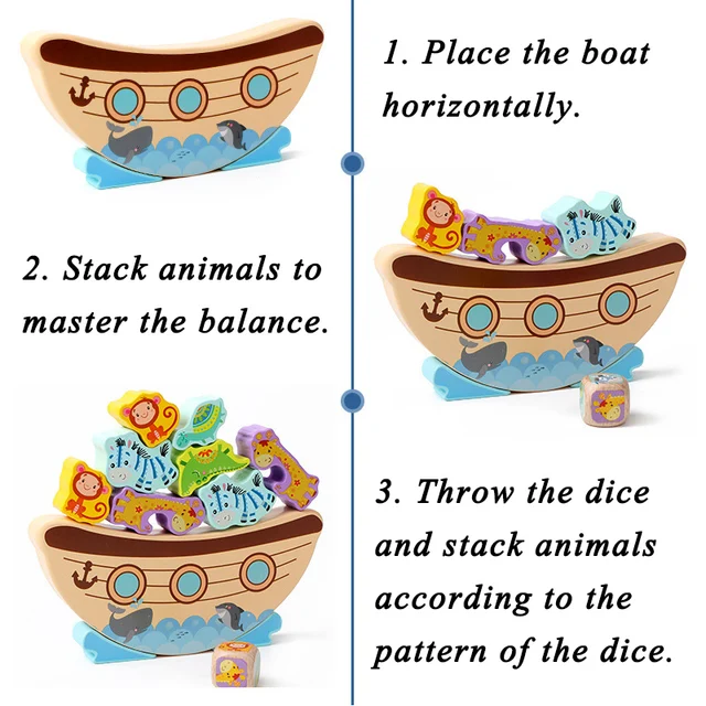 Montessori Animal Stack Balance Game Wooden Marine Life Throwing Dice Stacking Building Blocks Balance Training Educational Toys 4
