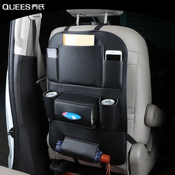 

QUEES Car Storage Bag Tissue Box Phone Bag Multifunctional Hanging Seat Back Storage Bag Eco-friendly Leather Car Accessories