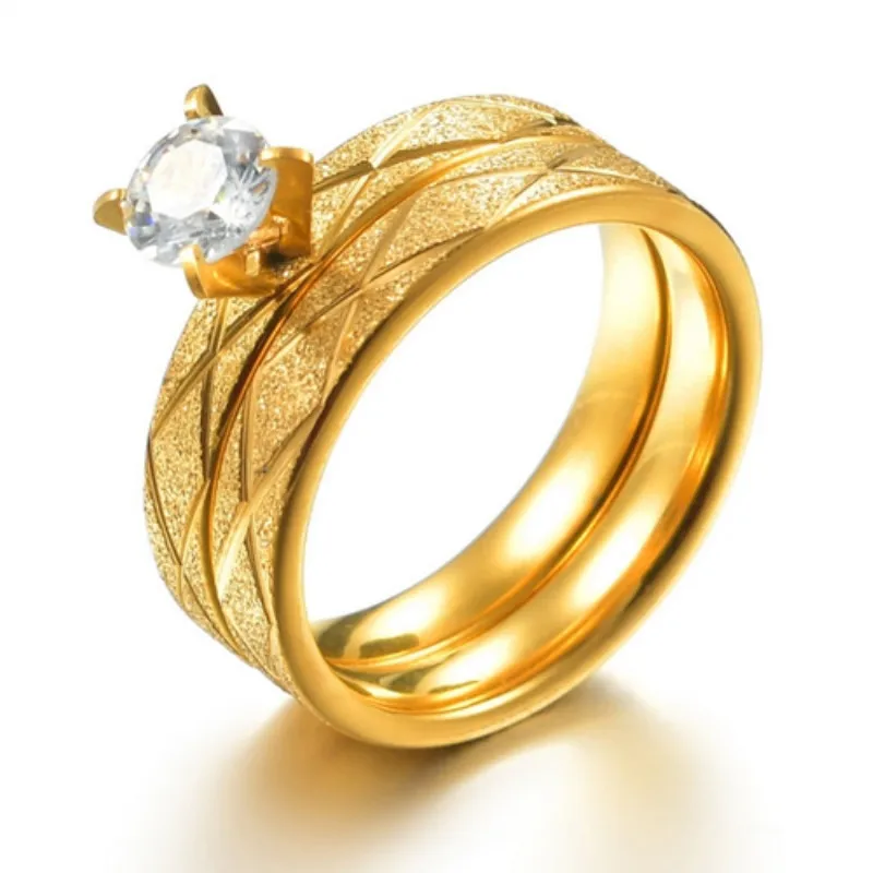Couple Rings 6mm Stainless Steel Couple Rings Gold Color Crystal Wedding Ring for Women Men Lover Gift Femme Jewelry