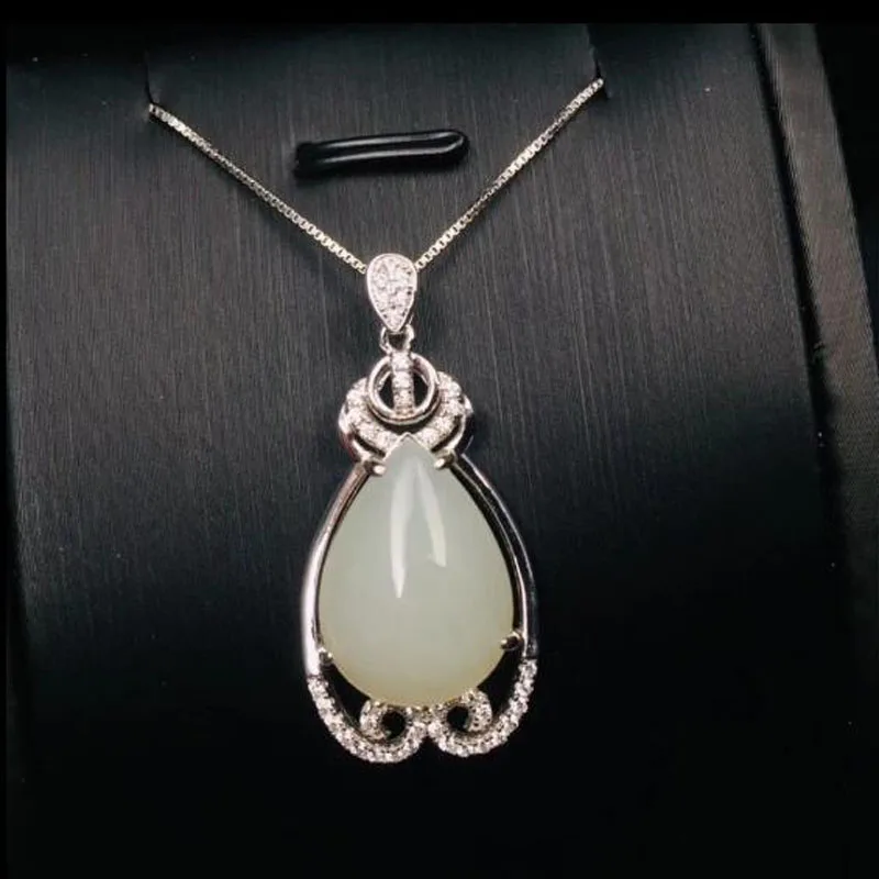 Natural Hetian White Jade Inaly Zircon Water Drop Pendant Jewelry 925 Sterling Silver Necklace Pendant Fine Jewelry