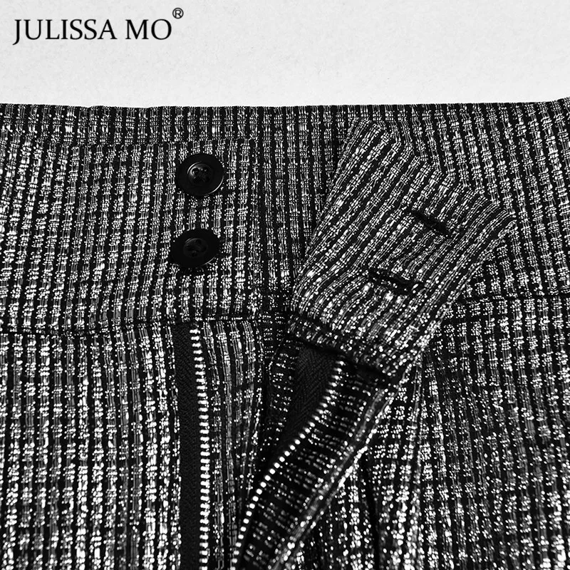 Julissa mo серебряные блестящие Сексуальные вечерние Брюки для женщин зимние с высокой талией широкие ноги длинные брюки женские уличные пуговицы брюки