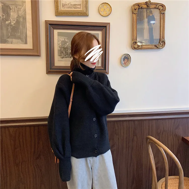 Sweater Cardigan Women Vintage Lantern Sleeve Casual Cardigan Harajuku Lapel Solod Color Coat