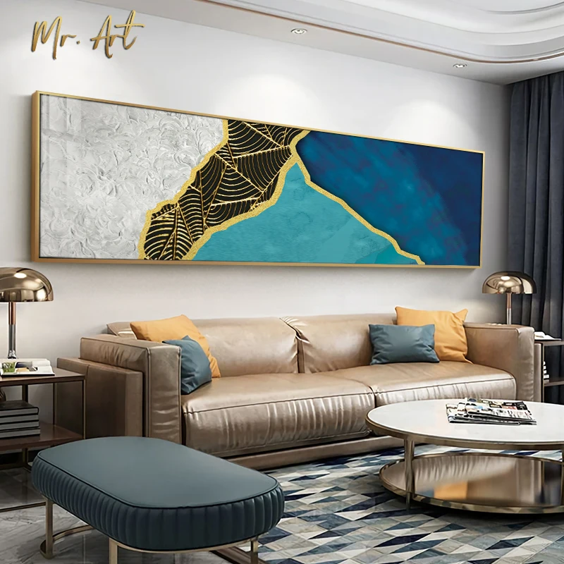 

Blue Canvas Painting Color Blocks with Mesh Tassels Poster Print Wall Art Picture for Living Rooom Bedroom Abstract Home Decor